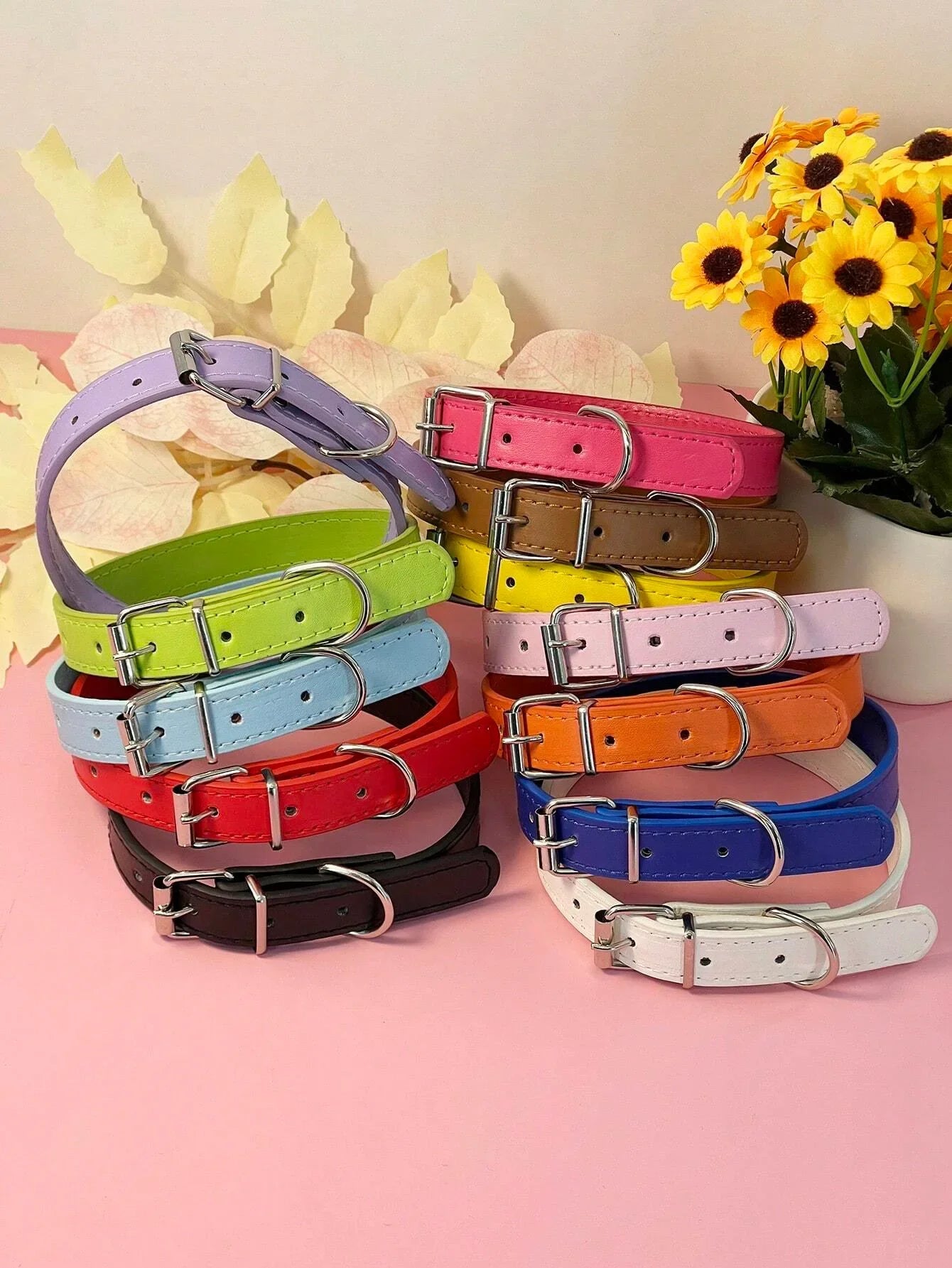 Dog Collar Simple Pet Collar Flat Cat Leather Collar with Bell Multicolor Non-strangled Collar