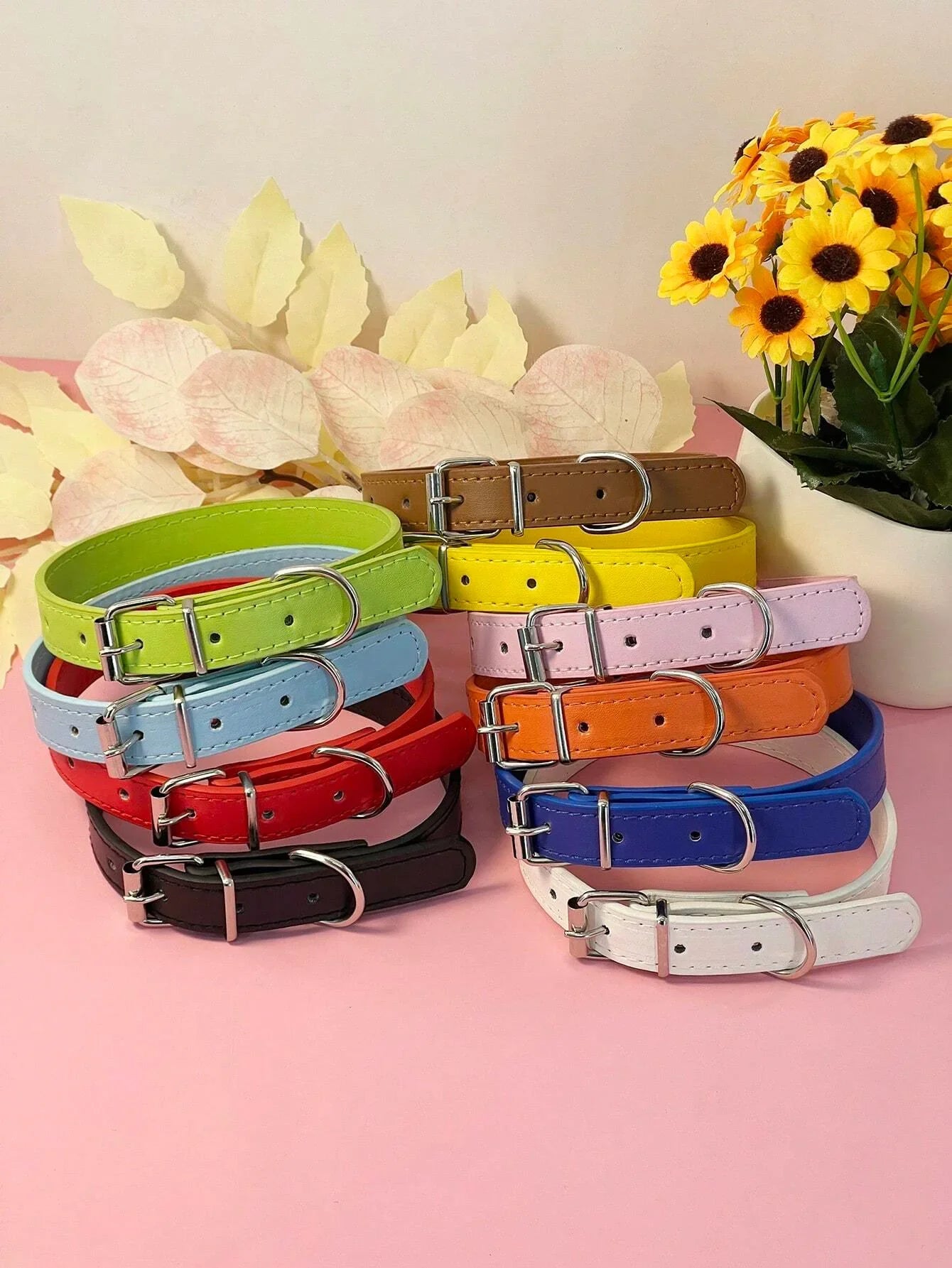 Dog Collar Simple Pet Collar Flat Cat Leather Collar with Bell Multicolor Non-strangled Collar