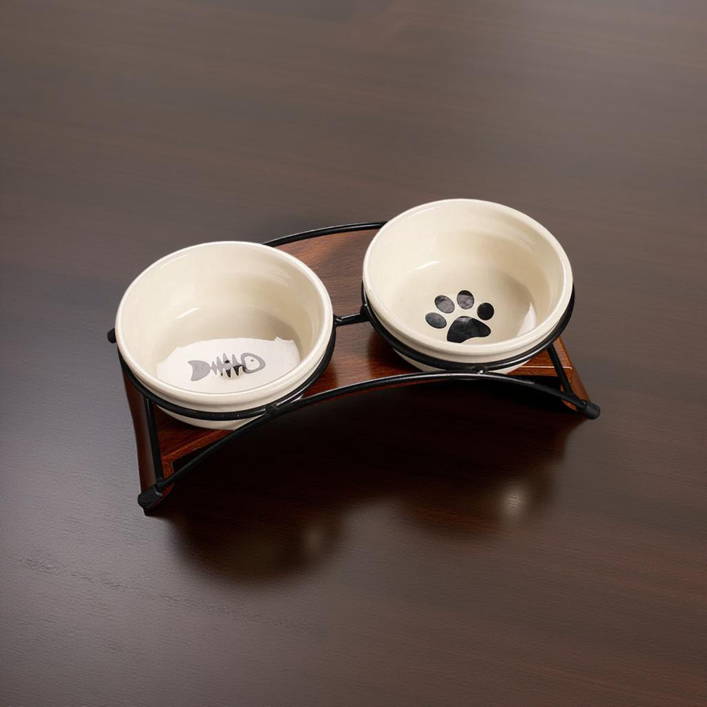 Elevated Ceramic Double Bowl - Rustic Iron Stand